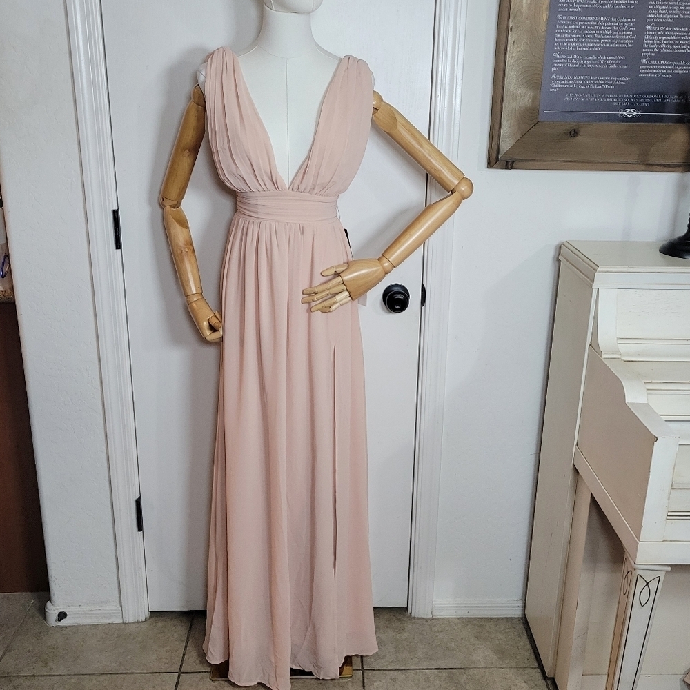 Lulu's Heavenly Hues Blush Maxi Bridesmaid Prom V Neck Dress 43449 Size XS NWT